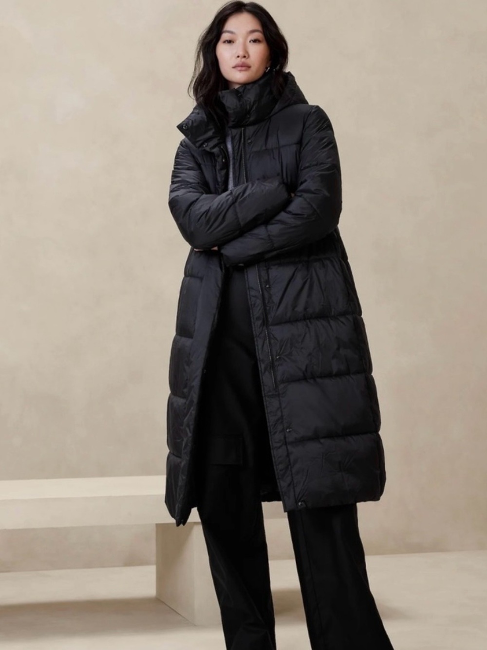 NWOT Banana Republic Black Long Quilted Puffer Coat with High Collar